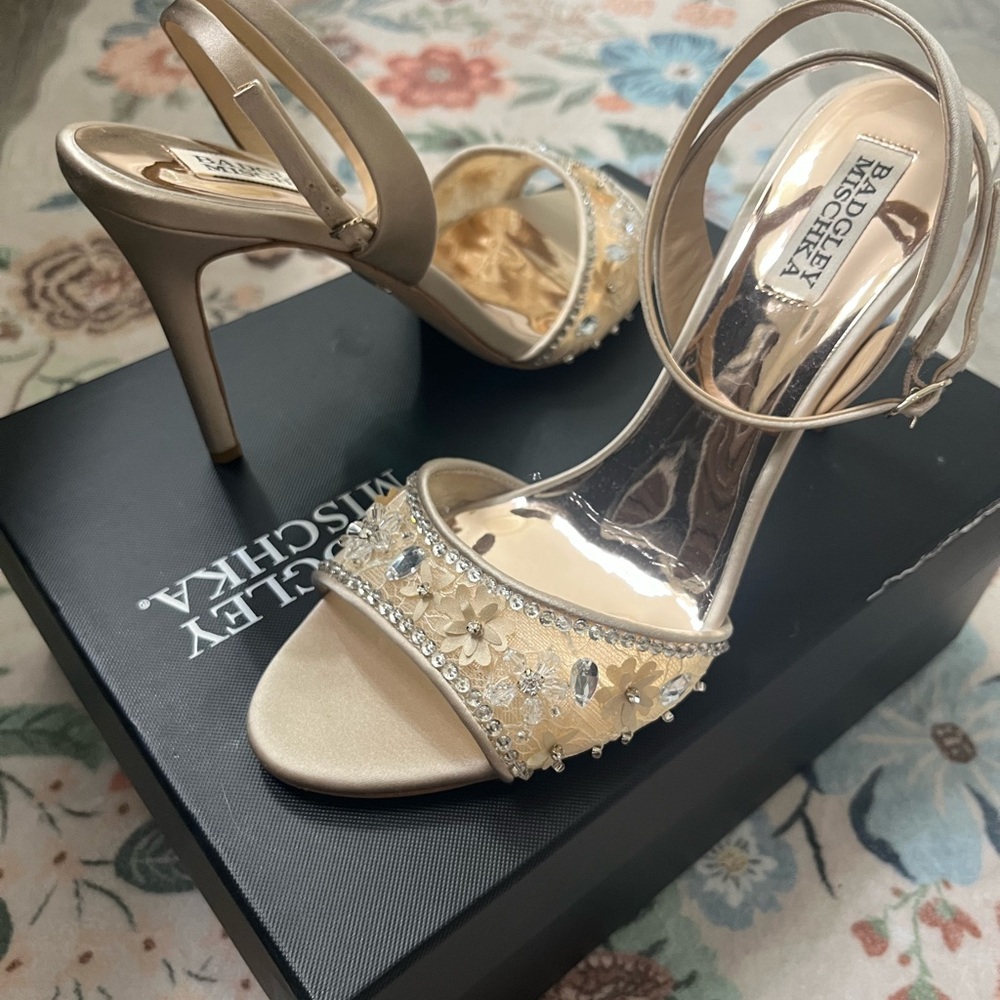 Badgley Mischka Tazana stiletto Gold Embellished in soft blush New with Box